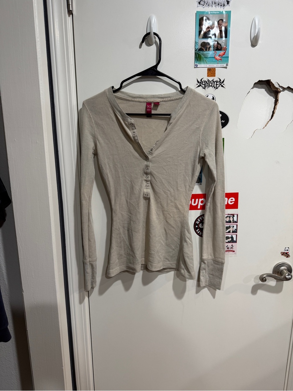 Vintage So Henley Long Sleeve Shirt Womens Neutral Tone Fitted Y2K Basic Top